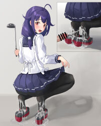 Rule 34 | 1girl, absurdres, ahoge, apron, black pantyhose, blush, censored, chuck (harfmoondark), cum, cum in footwear, cum on body, cum on feet, disembodied penis, feet, hair flaps, highres, kantai collection, ladle, mature female, okobo, open mouth, pantyhose, penis, purple hair, red eyes, sandals, soles, surprised, taigei (kancolle)