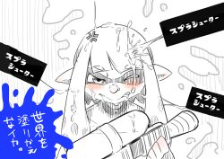 Rule 34 | 1girl, anger vein, angry, bar censor, blunt bangs, blush, censored, clenched teeth, dripping, drooling, female focus, greyscale, half-closed eye, holding, holding weapon, inkling, inkling girl, inkling player character, japanese text, kame (3t), long hair, looking at viewer, monochrome, nintendo, one eye closed, pointy ears, saliva, sexually suggestive, shirt, sidelocks, sketch, solo, splatoon (series), splatter background, splattershot (splatoon), spot color, squirting liquid, standing, straight-on, suggestive fluid, teeth, tentacle hair, tentacles, translation request, twintails, upper body, weapon, white background, wince