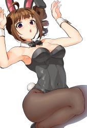 Rule 34 | 1girl, ahoge, animal ears, armpits, arms up, black bow, black bowtie, black footwear, black leotard, black pantyhose, bow, bowtie, breasts, brown hair, collar, commentary, covered navel, detached collar, drill hair, fake animal ears, fake tail, idolmaster, idolmaster million live!, kamille (vcx68), kneeling, leotard, looking at viewer, medium breasts, medium hair, open mouth, pantyhose, playboy bunny, purple eyes, rabbit ears, rabbit tail, side drill, side ponytail, simple background, solo, strapless, strapless leotard, tail, white background, white collar, wrist cuffs, yokoyama nao