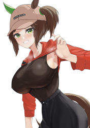 Rule 34 | 1girl, absurdres, animal ears, blush, breasts, brown hair, brown hat, casual, clothes lift, covered erect nipples, cropped hoodie, ear covers, freckles, green eyes, grin, hair through headwear, hat, highres, hood, hoodie, hoodie lift, horse ears, horse girl, horse tail, ines fujin (umamusume), large breasts, leaning forward, leotard, leotard under clothes, long sleeves, looking at viewer, narrow waist, orange hoodie, pants, rihua (shichangcwy), side ponytail, sideboob, simple background, single ear cover, smile, solo, steaming body, tail, taut clothes, taut leotard, umamusume, visor cap, white background