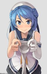 Rule 34 | 10s, 1girl, bare shoulders, beret, blue eyes, blue hair, blush, breath, double bun, elbow gloves, giving, glove spread, gloves, grey background, hair bun, hat, hinami (hinatamizu), holding, holding clothes, holding gloves, kantai collection, long hair, looking at viewer, matching hair/eyes, md5 mismatch, neckerchief, pleated skirt, revision, sailor hat, school uniform, serafuku, sexually suggestive, single glove, skirt, sleeves rolled up, smile, solo, sweat, unworn gloves, urakaze (kancolle), white gloves, white hat, yellow neckerchief