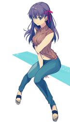 Rule 34 | 1girl, aono shimo, bad id, bad pixiv id, breasts, denim, fate/stay night, fate (series), highres, jeans, long hair, looking at viewer, matou sakura, navel, pants, purple eyes, purple hair, sandals, sitting, smile, solo, sweater vest