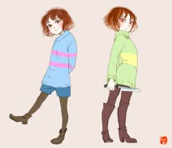 Rule 34 | androgynous, ankle boots, beige background, black eyes, blush, boots, brown hair, chara (undertale), frisk (undertale), full body, gender request, holding, holding weapon, knee boots, knife, long sleeves, pantyhose, red eyes, shirt, shorts, simple background, smile, spoilers, striped clothes, striped shirt, striped sweater, sweater, tenperu tapio, undertale, weapon