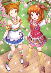 Rule 34 | 10s, 2girls, :d, ;p, aikatsu!, aikatsu! (series), arisugawa otome, bare shoulders, beads, bloom, boots, bow, brown eyes, brown hair, checkered clothes, checkered skirt, collarbone, cone hair bun, dress, frills, full body, grass, hair bun, heart, highres, jacket, jewelry, kazenokaze, knee boots, long sleeves, looking at viewer, multiple girls, necklace, one eye closed, ozora akari, open mouth, outstretched arm, petals, pink eyes, rainbow, side ponytail, skirt, sleeveless, sleeveless dress, smile, sticker, thighhighs, thumbs up, tongue, tongue out, unbuttoned, wooden floor, wrist cuffs, zettai ryouiki