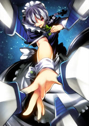 Rule 34 | 1girl, blurry, braid, depth of field, embodiment of scarlet devil, female focus, foreshortening, izayoi sakuya, knife, maid, maid headdress, night, night sky, outstretched arm, outstretched hand, pov, red eyes, ress, short hair, silver hair, sky, solo, star (sky), starry sky, throwing knife, touhou, twin braids, weapon, wrist cuffs