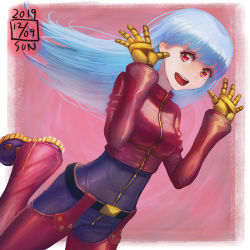 Rule 34 | 1girl, :d, belt, blue hair, boots, dated, dutch angle, hands up, highres, ikeda (cpt), kula diamond, long hair, long sleeves, looking at viewer, open mouth, pants, pink background, pink pants, purple footwear, red eyes, round teeth, smile, solo, teeth, the king of fighters