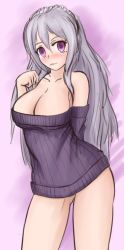 Rule 34 | 1girl, arm behind back, atelier (series), blush, breasts, cleavage, contrapposto, detached sleeves, drawfag, female focus, large breasts, long hair, maid headdress, mole, naked sweater, off-shoulder, off-shoulder sweater, pamela ibiss, purple hair, ribbed sweater, silver hair, smile, solo, standing, sweater