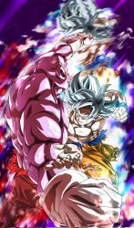 Rule 34 | 2boys, abs, artist request, aura, battle damage, closed mouth, dougi, dragon ball, dragon ball super, fighting, grey eyes, highres, jiren, long hair, looking at another, looking to the side, male focus, multiple boys, muscular, no humans, pain, pants, punching, topless male, silver hair, son goku, spiked hair, sweat, ultra instinct, violence