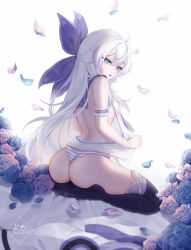 Rule 34 | 1girl, ahoge, ass, backless outfit, black legwear, blue eyes, blue sailor collar, bow, breasts, commentary, commission, english commentary, flower, from behind, full body, hair bow, hair pulled back, highres, kneeling, long hair, looking at viewer, looking back, nipples, no bra, original, panties, petals, purple bow, rose, sailor collar, see-through shirt, sideboob, small breasts, solo, striped, striped panties, thighhighs, thighs, turning head, underwear, white hair, yoclesh