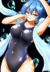 Rule 34 | 1girl, black one-piece swimsuit, blue eyes, blue hair, breasts, bubble, chisel, competition swimsuit, d-m (dii emu), hair ornament, hair rings, hair stick, highres, kaku seiga, looking at viewer, one-piece swimsuit, shawl, solo, swimsuit, touhou