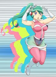 Rule 34 | 1girl, bare shoulders, blue eyes, blush stickers, calen (time bokan), covered erect nipples, full body, gloves, goggles, goggles on head, green hair, highres, leotard, level-5, open mouth, ponytail, see-through, silhouette, solo, tatsunoko pro, thighhighs, time bokan (series), time bokan 24, tof, white gloves