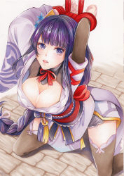 Rule 34 | 1girl, arms up, blush, bound, bound wrists, braid, breasts, cleavage, commentary request, flower, genshin impact, hair ornament, japanese clothes, kimono, large breasts, long hair, looking at viewer, mole, mole under eye, obi, obiage, obijime, oimo tororo, purple eyes, purple flower, purple hair, raiden shogun, ribbon, sash, solo, stone floor, thighhighs