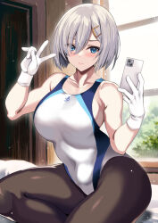 Rule 34 | 1girl, alternate costume, black pantyhose, blue eyes, breasts, cellphone, closed mouth, commentary request, competition swimsuit, covered navel, gloves, grey hair, hair between eyes, hair ornament, hairclip, hamakaze (kancolle), hands up, highleg, highleg swimsuit, highres, holding, holding phone, indoors, kantai collection, kyogoku shin, large breasts, looking at phone, one-piece swimsuit, pantyhose, pantyhose under swimsuit, phone, red one-piece swimsuit, selfie, short hair, sitting, solo, swimsuit, thighs, two-tone swimsuit, v, variant set, white gloves, white one-piece swimsuit