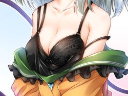 Rule 34 | 1girl, bare shoulders, black bra, blue background, bra, breast focus, breasts, camisole, cleavage, collarbone, commentary request, frilled shirt collar, frills, gradient background, head out of frame, highres, komeiji koishi, marukyuu ameya, medium breasts, off shoulder, shirt, silver hair, solo, strap slip, touhou, underwear, yellow shirt