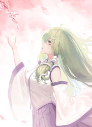 Rule 34 | 1girl, absurdres, arm at side, arm up, blue skirt, blurry, blurry background, cherry blossoms, commentary, cowboy shot, day, detached sleeves, expressionless, eyelashes, frog hair ornament, from side, green eyes, green hair, hair blowing, hair ornament, hair tubes, highres, kochiya sanae, long hair, looking up, nontraditional miko, outdoors, parted lips, petals, profile, shirt, skirt, sleeves past fingers, sleeves past wrists, snake hair ornament, solo, standing, touhou, branch, tunamayo (dsasd751), very long hair, white shirt, wide sleeves