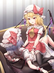 Rule 34 | 2girls, arm support, ascot, bat wings, black legwear, blonde hair, blue hair, blush, bow, breasts, commentary request, couch, crystal, dress, female focus, flandre scarlet, frilled shirt collar, frills, hair between eyes, hat, hat bow, hat ribbon, highres, indoors, long hair, looking at another, lying, midriff peek, minust, mob cap, multiple girls, navel, no shoes, on back, one side up, open mouth, petticoat, puffy short sleeves, puffy sleeves, red bow, red eyes, red ribbon, red skirt, red vest, remilia scarlet, ribbon, shirt, short hair, short sleeves, siblings, sisters, sitting, skirt, skirt set, slit pupils, small breasts, straddling, striped, thighhighs, thighs, touhou, vertical stripes, vest, white dress, white headwear, white shirt, wings, yellow ascot