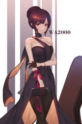 Rule 34 | 1girl, absurdres, alternate hairstyle, bag, bare shoulders, braid, braided bun, breasts, character name, choker, collarbone, dress, evening gown, frown, girls&#039; frontline, gloves, hair bun, handbag, highres, holding own arm, homong, instrument case, looking at viewer, medium breasts, official alternate costume, red eyes, red hair, single hair bun, solo, standing, wa2000 (ballroom interlude) (girls&#039; frontline), wa2000 (girls&#039; frontline)