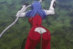 Rule 34 | 2girls, animated, animated gif, aresta blanket, ass, between labia, blue hair, bodysuit, bouncing breasts, breasts, cameltoe, fight ippatsu! juuden-chan!!, glasses, headband, jiggle, large breasts, latex, long hair, multiple girls, plug cryostat, skin tight