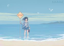 Rule 34 | 1girl, absurdres, barefoot, beach, bird, black hair, blue hoodie, blue sky, closed mouth, commentary request, green skirt, highres, holding, holding shoes, hood, hoodie, long sleeves, moon, mountain, ocean, original, road sign, shoes, unworn shoes, short hair, sign, skirt, sky, solo, standing, stop sign, wading, wide shot, x.x.d.x.c
