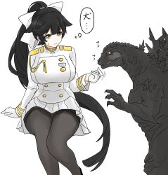 Rule 34 | black hair, bow, commentary request, elbow spikes, extra ears, giant, giant monster, gloves, godzilla, godzilla (series), godzilla minus one, hair bow, hair ears, hair flaps, highres, ibuki (tulta icon), kaijuu, military uniform, monster, pantyhose, personification, ponytail, ribbon, simple background, spines, takao (azur lane), thighband pantyhose, toho, uniform, white background, white bow, white gloves, white ribbon, yellow eyes