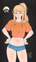 Rule 34 | 1girl, blonde hair, blue eyes, breasts, casual, commentary, cowboy shot, crop top, crop top overhang, eyebrows, eyelashes, eyeshadow, female focus, glasses, grey background, hands on own hips, highres, long hair, makeup, medium breasts, metroid, metroid (creature), midriff, mole, mole under mouth, navel, nintendo, off-shoulder shirt, off shoulder, ponytail, samus aran, shiny skin, shirt, short shorts, shorts, sidelocks, simple background, solo, sunglasses, t-shirt, tabletorgy, taut clothes, taut shirt