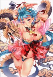 Rule 34 | 1girl, absurdres, armpits, arms up, blue hair, blush, bracelet, breasts, dragon, earrings, facial mark, highres, horns, japanese clothes, jewelry, large breasts, lots of jewelry, navel, nishieda, original, purple eyes, shiny skin