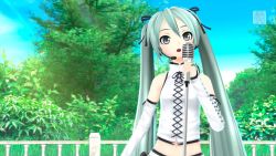 Rule 34 | 1girl, 3d, :o, bare shoulders, black ribbon, blue sky, bow, cloud, copyright name, cropped shirt, cross-laced clothes, day, detached sleeves, green hair, grey eyes, hair between eyes, hair bow, hatsune miku, headset, highres, laces, long hair, microphone, midriff, music, navel, open mouth, outdoors, project diva (series), railing, ribbon, screencap, shirt, singing, skirt, sky, solo, tree, twintails, vintage microphone, watermark, white shirt, white skirt, white sleeves
