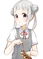 Rule 34 | 1girl, arashi chisato, artist name, artist request, blush, bow, bowtie, breasts, buttons, collared shirt, double bun, dress, dress shirt, female focus, flat chest, food, grey shirt, hair bun, hair tie, holding, holding toothpick, long hair, long sleeves, looking at viewer, love live!, love live! superstar!!, neck ribbon, parted lips, red bow, red eyes, red ribbon, ribbon, school uniform, shirt, small breasts, smile, solo, takoyaki, toothpick, twintails, upper body, white background, white hair, white shirt, wing collar, yuigaoka school uniform