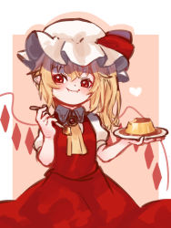 Rule 34 | 1girl, :t, ascot, blonde hair, blush, border, brooch, brown background, commentary, cowboy shot, crystal, english commentary, fang, fang out, flandre scarlet, food, hair between eyes, hat, hat ribbon, head tilt, highres, holding, holding plate, holding spoon, jewelry, long hair, looking at viewer, mob cap, name connection, object namesake, one side up, outside border, plate, pointy ears, pudding, puffy short sleeves, puffy sleeves, red eyes, red ribbon, red skirt, red vest, ribbon, shirt, short sleeves, simple background, sketch, skirt, skirt set, smile, solo, spoon, touhou, vest, white border, white hat, white shirt, wings, yellow ascot, yoruny
