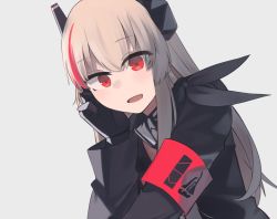 Rule 34 | 1girl, black gloves, black jacket, black scarf, blonde hair, girls&#039; frontline, gloves, hair ornament, hand on own face, hand on own head, highres, hinami047, jacket, long hair, looking at viewer, m4 sopmod ii (girls&#039; frontline), multicolored hair, open mouth, red eyes, scarf, smile, solo, white background
