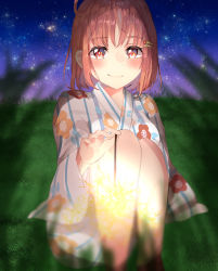 Rule 34 | 1girl, artist name, artist request, bare legs, blue sky, blurry, blush, braid, breasts, cloud, depth of field, female focus, fireworks, floral print, flower print, hair ornament, hairclip, highres, holding, holding fireworks, japanese clothes, kimono, long sleeves, looking at viewer, love live!, love live! school idol festival, love live! school idol festival all stars, love live! sunshine!!, medium breasts, night, night sky, obi, orange hair, outdoors, parted lips, red eyes, sash, short hair, side braid, sitting, sky, smile, solo, star (sky), striped clothes, striped kimono, takami chika, teeth, vertical-striped clothes, vertical-striped kimono, white kimono