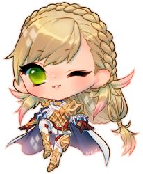 Rule 34 | 1girl, armor, blonde hair, blush, braid, cape, chibi, fire emblem, fire emblem heroes, full body, gloves, green eyes, long hair, looking at viewer, nintendo, onisuu, open mouth, scale armor, sharena (fire emblem), simple background, smile, solo, transparent background, white background