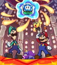 2boys blue_overalls boots brothers brown_footwear brown_hair durmite_x facial_hair gloves green_hat green_shirt hat highres luigi mario mario_&amp;_luigi:_bowser&#039;s_inside_story mario_&amp;_luigi_rpg mario_(series) masanori_sato_(style) multiple_boys mustache nintendo overalls red_hat red_shirt shirt siblings starlow super_mario_bros._wonder white_gloves wonder_flower ya_mari_6363