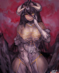 Rule 34 | 1girl, albedo (overlord), bare shoulders, black hair, black wings, breasts, demon girl, demon horns, demon wings, dress, girlsay, gloves, hair between eyes, horns, large breasts, large wings, long hair, looking at viewer, overlord (maruyama), short sleeves, smile, solo, thighhighs, white dress, white gloves, wings, yellow eyes