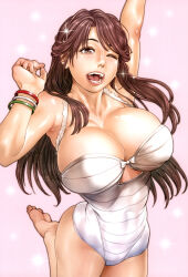 Rule 34 | 1girl, arm up, armpits, barefoot, blush, breasts, brown eyes, brown hair, cleavage, covered navel, feet, feet up, female focus, gradient background, groin, happy, highres, kishizuka kenji, large breasts, legs, light blush, long hair, looking at viewer, one eye closed, open mouth, original, simple background, smile, solo, swimsuit, thighs, toes, wink