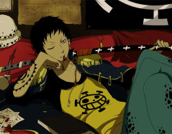 Rule 34 | 1boy, artist request, black hair, couch, crossed legs, denim, earrings, fuzzy hat, hand rest, hat, hood, hoodie, jeans, jewelry, leaning, male focus, map, mouth hold, one eye closed, one piece, ootachi, pants, pirate, raglan sleeves, red upholstery, scabbard, sheath, sheathed, sitting, smiley face, solo, source request, string, string of fate, sword, trafalgar law, unworn hat, unworn headwear, weapon, wink