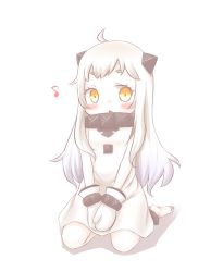 Rule 34 | 10s, 1girl, abyssal ship, ahoge, bad id, bad pixiv id, bita, colored skin, dress, horns, kantai collection, long hair, looking at viewer, mittens, northern ocean princess, seiza, silver hair, sitting, solo, white dress, white skin, yellow eyes
