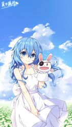 Rule 34 | 1girl, absurdres, bare shoulders, blue eyes, blue hair, breasts, cleavage, closed mouth, cloud, cloudy sky, collarbone, date a live, day, dress, eyepatch, field, flower, flower field, hair between eyes, hand puppet, highres, long hair, outdoors, puppet, rabbit puppet, seventh-natsu, sky, sleeveless, sleeveless dress, small breasts, solo, sundress, white dress, yoshino (date a live), yoshinon