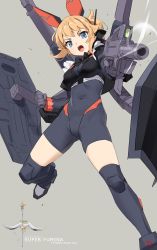 Rule 34 | 1girl, advance of zeta, aiming, aiming at viewer, blue eyes, bodysuit, boots, breasts, character name, clenched hand, commentary request, covered navel, crop top, finger on trigger, flying, gauntlets, glint, grey background, grey bodysuit, gun, gundam, gundam build fighters, headgear, highres, holding, holding gun, holding weapon, knee boots, legs apart, looking at viewer, medium breasts, open mouth, orange eyes, shield, short hair, simple background, solo, super fumina, weapon, yd (orange maru)