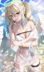 Rule 34 | 1girl, absurdres, angel wings, belt, bikini, blue sky, blush, bracelet, breasts, brown eyes, cleavage, cloud, commentary, crossed arms, day, drill hair, feathered wings, gradient hair, green halo, hair between eyes, halo, halterneck, highres, jewelry, kneeling, long hair, looking at viewer, medium breasts, multi-strapped bikini bottom, multicolored hair, nanase eru, open mouth, outdoors, partially submerged, pointy ears, see-through, sky, solo, swimsuit, thigh belt, thigh strap, twin drills, una hirag, varium, virtual youtuber, white bikini, white wings, wings