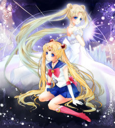 Rule 34 | 10s, 2girls, bishoujo senshi sailor moon, bishoujo senshi sailor moon crystal, blonde hair, blue eyes, blue sailor collar, blue skirt, boots, bow, brooch, choker, crescent, crescent facial mark, double bun, dress, dual persona, earrings, elbow gloves, facial mark, forehead mark, framed, full body, gloves, hair ornament, hairpin, jewelry, knee boots, long hair, looking back, magical girl, multiple girls, pleated skirt, princess serenity, red bow, ribbon, sailor collar, sailor moon, skirt, smile, strapless, strapless dress, tsukino usagi, twintails, very long hair, white dress, white gloves, yzkring