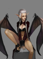Rule 34 | 1girl, absurdres, breasts, cleavage, cleavage cutout, clothing cutout, copyright request, demon girl, fangs, highres, lipstick, long hair, makeup, midfinger, nail polish, navel, pointy ears, red eyes, simple background, solo, spread legs, white hair, wings