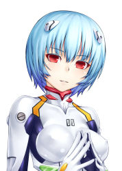 Rule 34 | 1girl, aka (shoumae), ayanami rei, blue hair, bodysuit, breasts, colored eyelashes, hair ornament, head tilt, light smile, looking at viewer, medium breasts, neon genesis evangelion, open mouth, plugsuit, red eyes, short hair, solo, steepled fingers, upper body