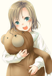Rule 34 | 1girl, brown hair, green eyes, original, short hair, simple background, sody, solo, stuffed animal, stuffed toy, teddy bear