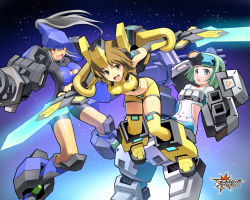 Rule 34 | 3girls, bike shorts, black hair, breasts, brown hair, cannon, cleavage, cleavage cutout, clothing cutout, cosmic break, destruct girl, destructor girl, dual wielding, flat chest, gatling gun, green eyes, green hair, grey hair, gun, hair ornament, holding, large breasts, long hair, mecha jetter girl, mecha musume, midriff, multiple girls, navel, open mouth, ponytail, red eyes, rei (cosmic break), skin tight, sword, thighhighs, wakaba sprout, weapon, yellow eyes