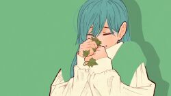 Rule 34 | 1girl, alternate costume, aqua hair, blending, closed eyes, collared shirt, green background, hair behind ear, hatsune miku, highres, holding, holding plant, leaf, long hair, parted lips, plant, shadow, shirt, simple background, sleeves past wrists, solo, syooooyoooo, upper body, vocaloid, white shirt