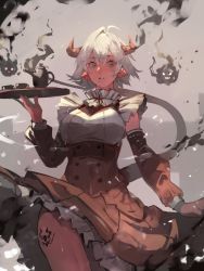 Rule 34 | 1girl, absurdres, ahoge, ass tattoo, black fire, colored skin, cup, demon girl, demon horns, demon tail, detached sleeves, dokuro deluxe, dress, fire, fire, floating, frilled dress, frilled neckwear, frills, grey eyes, grey hair, hair between eyes, highres, holding, holding plate, horns, maid, medium hair, original, parted lips, plate, pointy ears, red skin, short hair, spirit, tail, tattoo, teeth
