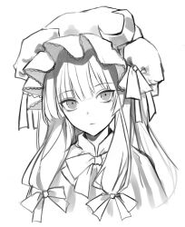 Rule 34 | 1girl, absurdres, closed mouth, crescent, crescent hat ornament, dress, greyscale, hanaya (fleur), hat, hat ornament, highres, long hair, looking at viewer, mob cap, monochrome, patchouli knowledge, portrait, sidelocks, simple background, sketch, solo, striped clothes, striped dress, touhou, vertical-striped clothes, vertical-striped dress, white background