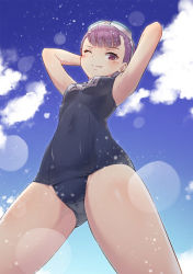 Rule 34 | 1girl, armpits, arms behind head, bare arms, bare shoulders, blue sky, blush, breasts, cloud, cloudy sky, commentary request, covered navel, day, fate/grand order, fate (series), from below, helena blavatsky (fate), helena blavatsky (swimsuit archer) (fate), helena blavatsky (swimsuit archer) (first ascension) (fate), highres, light particles, light rays, looking at viewer, old school swimsuit, one-piece swimsuit, ponytail, purple eyes, purple hair, school swimsuit, short hair, sky, small breasts, smile, solo, standing, sunlight, swimsuit, thighs, urigarasu, wet, wet clothes