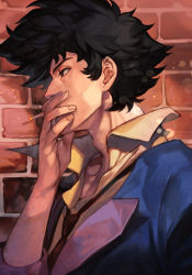 Rule 34 | 1boy, brick wall, brown eyes, brown hair, cigarette, collarbone, cowboy bebop, formal, from side, hungry clicker, necktie, shirt, short hair, smoking, solo, spike spiegel, suit